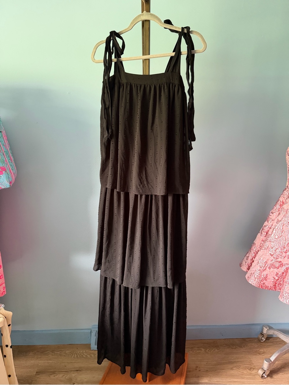 Happy Nature Sleeveless Tiered Maxi Dress with Tie Straps - Black boho